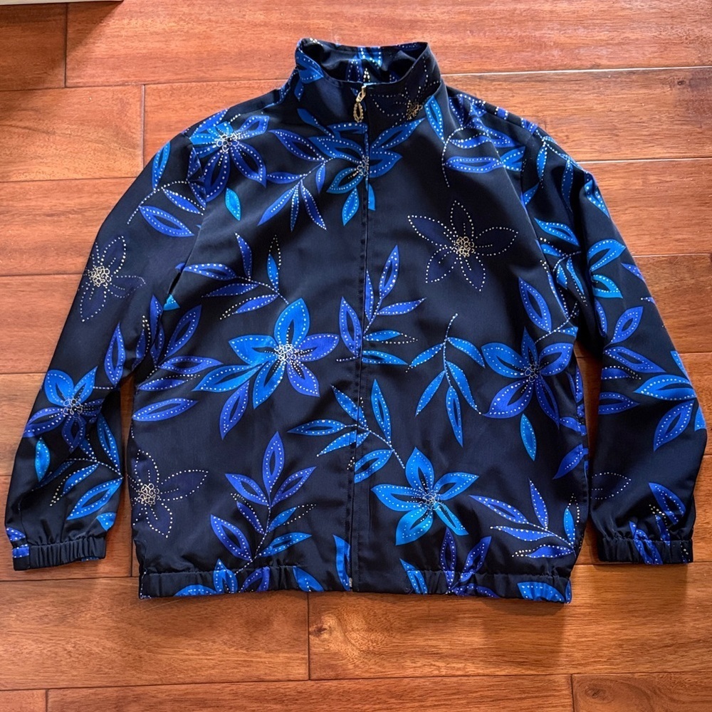 Draper's & Damon's Floral Black, Blue and Gold Travel Resort Jacket Size Medium